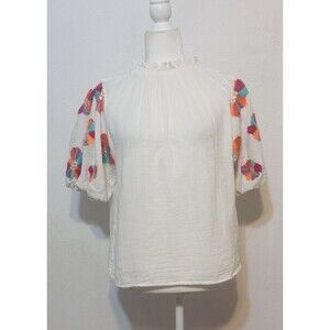 NWT THML  Women Size S White Embroidered Floral Puff Sleeve Blouse Bohemian
